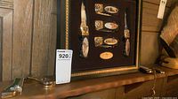 Overall view of framed African Big Five knife collection with two loose pocket knives on shelf