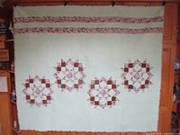 Full view of quilt hanging showing overall pattern and size