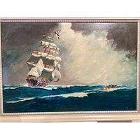 Framed oil painting showing full composition of ship and rowboat on sea