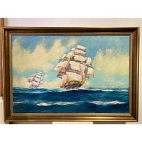 Frontal view of framed painting showing entire composition of ships at sea