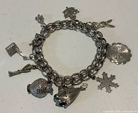 Full view of sterling charm bracelet showing all nine charms