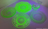 All five uranium glass dishes glowing under UV light