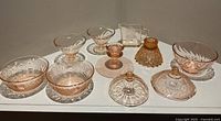 Group shot of all pink Depression glass pieces