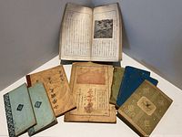 All eight books arranged with one open on top, covers and condition visible