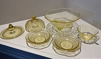 All six pieces arranged: footed bowl on underplate, covered dish, two square bowls, teacup