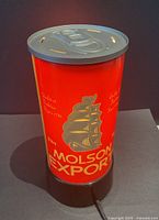 Front view of Molson Export beer can lamp showing branding, lid and base