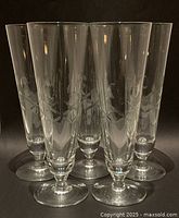 Five etched crystal pilsner glasses with pedestal bases displayed front view