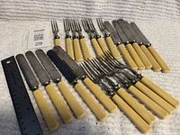 Full set of 12 butter spreaders and 12 forks laid out showing yellow celluloid handles and metal portions