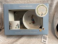 Front of boxed Wedgwood Peter Rabbit 3-piece nursery set showing plate, bowl, cup