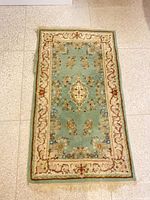 Full view of seafoam wool area rug showing overall design and size