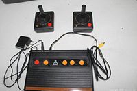 Console top view with controllers and power adapter