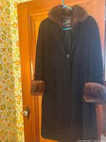 Full view of black Persian lamb coat with brown collar and cuffs