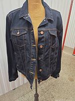 Front view of Gap 1969 denim trucker jacket on mannequin
