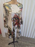 Front view of shift dress on mannequin showing pattern and length