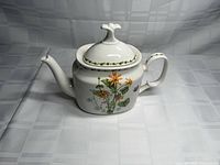 Right side view of teapot showing floral motif, spout and handle