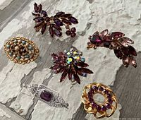 Front view of all six brooches showing designs and stones