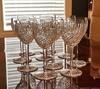 All 10 crystal dessert wine glasses grouped on tabletop