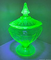 Candy dish glowing under black light showing fluorescence
