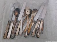 Group of mixed bone-handle knives, forks, spoons in plastic bag