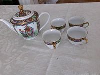 Teapot with four cups showing pattern and size