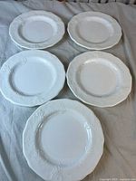 Front view of all five milk glass plates