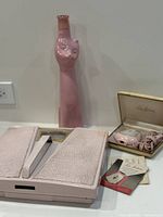 Overview showing pink bathroom scale, cat-shaped Riesling bottle, and boxed Lady Sunbeam shaver