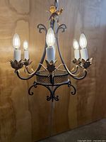 Full view of wrought iron chandelier with five lights, floral accents and lattice ring