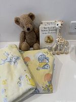 Group shot showing teddy, teether, two folded textiles and stack of books
