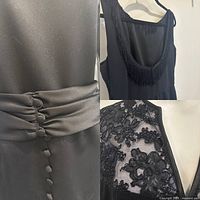 Collage close-ups showing cummerbund waist with covered buttons, fringe neckline dress, lace overlay dress