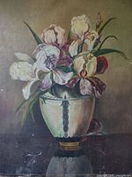 Full view of unsigned oil painting showing irises in vase