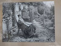 Full view of black-and-white print depicting woman by cottage in garden