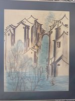 Full view of framed painting showing village scene