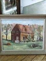 Full view of framed barnyard painting