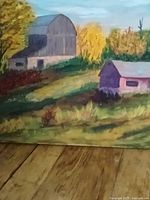 Front view showing barn, shed, fields, signature style