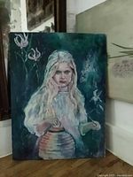 Full view of the unframed painting showing subject and overall condition