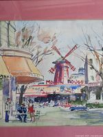 Full view of watercolour showing Paris scene with Moulin Rouge windmill