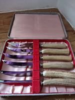 Open case showing six steak knives with antler handles and satin lining