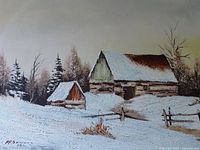 Full view of winter landscape painting with cabins and snow