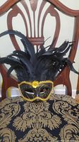 Full view of mask on chair showing feathers and trim