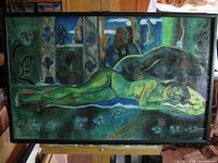 Full view framed pastel drawing on easel