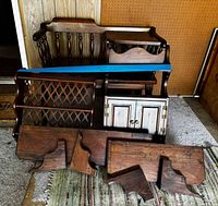 All items grouped: bench, lattice door cabinet, white door cabinet, two wall shelves with brackets