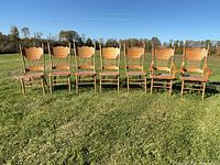 Seven matching carved oak chairs lined up outdoors