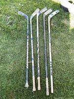 Five hockey sticks laid out showing full length and brands
