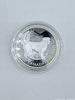 Obverse of coin in capsule showing dog design and inscriptions CANADA 50 CENTS 1997