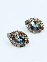 Front view of both mystic topaz stud earrings