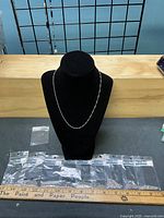 All ten packaged chains displayed with one chain on bust for scale