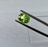 Tweezers holding oval lime green peridot showing clarity and faceting