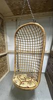 Full view of rattan hanging chair suspended from chain