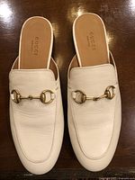 Top view of both slippers showing leather color, horsebit hardware and overall condition