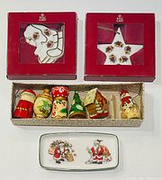 Group shot showing both Royal Albert boxed ornaments, tray of eight wooden ornaments, and Santa tray